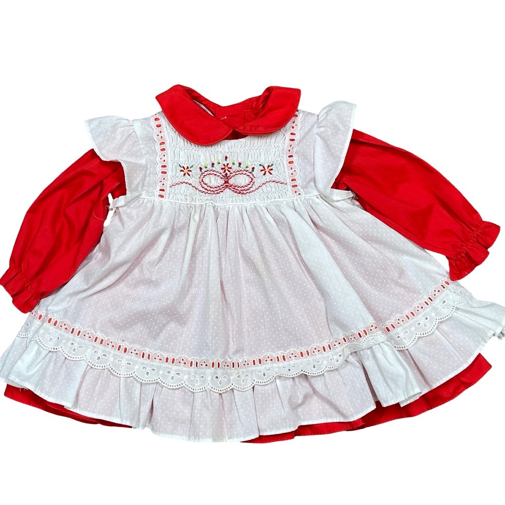 Vintage Polly Flinders Dress Baby Girl 18M Red White Smocked Embroidered Cottage